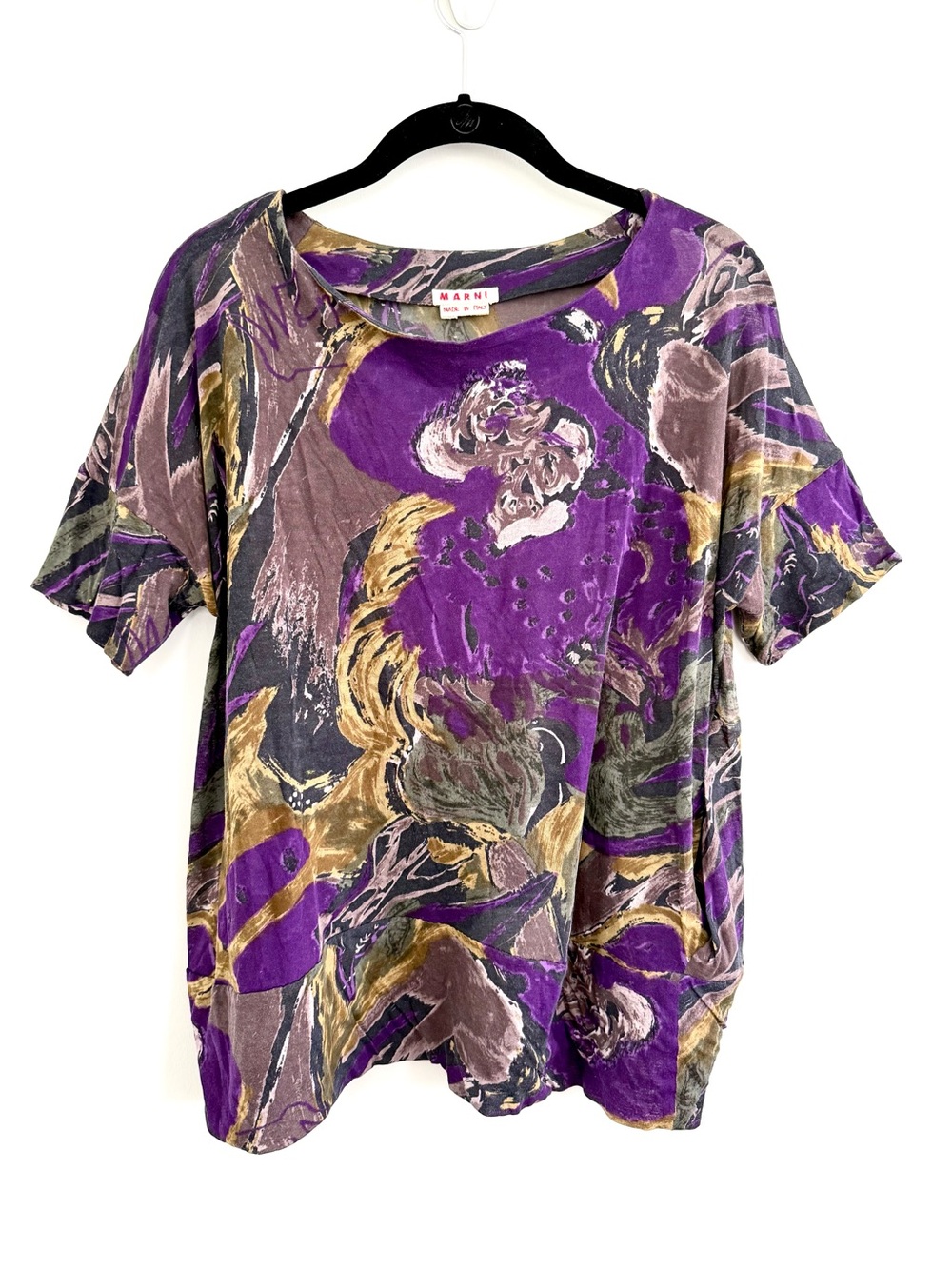 MARNI Purple Abstract Short Sleeve Designer Top Blouse | Vintage Y2K 100% Cotton